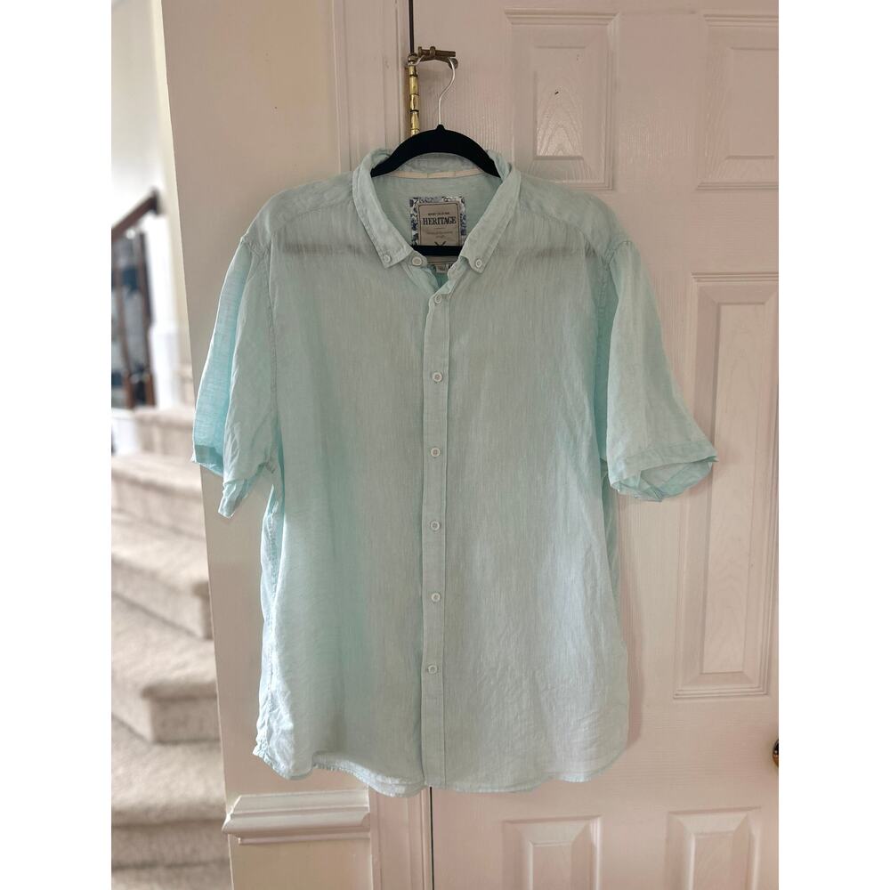 Report Collection Heritage Semi Sheer Mint Green Linen Short Sleeve Button Down
